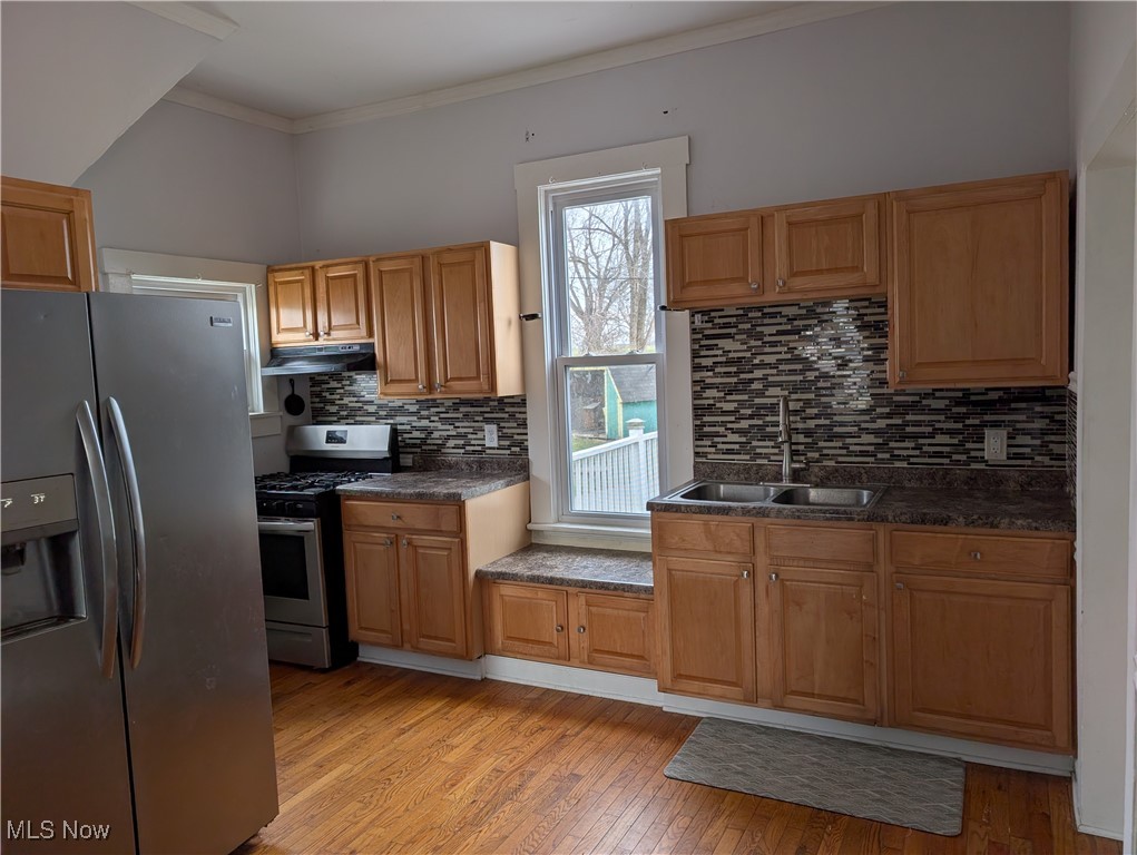 10143 Pleasant Road Pleasant City, OH 43772 - Photo 7 of 32 Kitchen with stainless steel appliances, ornamental molding, light wood finished floors, brown cabinets, and under cabinet range hood