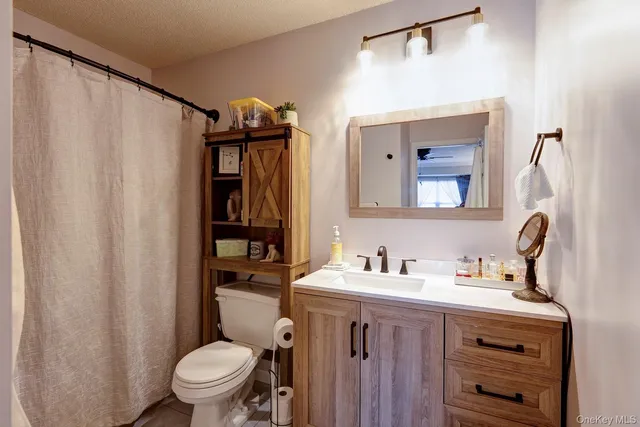 a bathroom with a sink vanity mirror and toilet