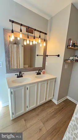 a bathroom with a double vanity sink and mirror