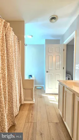 a bathroom with a sink a mirror and a shower