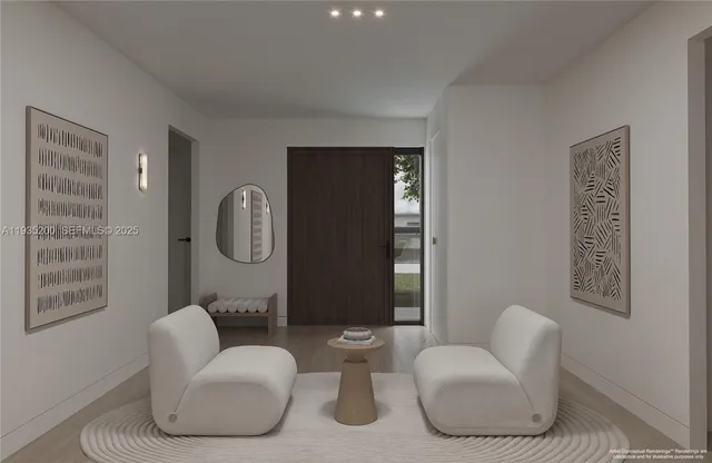 a living room with furniture a large window and a potted plant