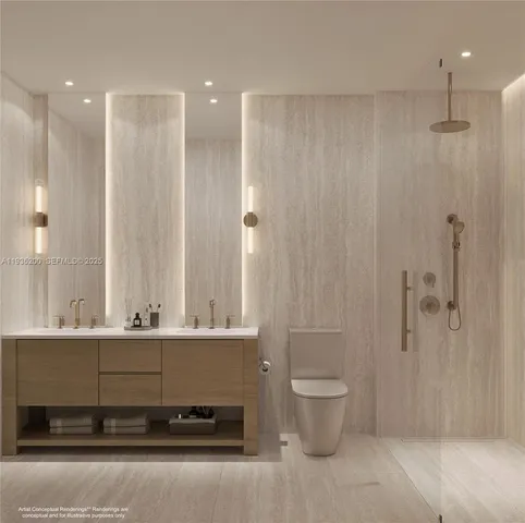 a bathroom with a double vanity sink toilet and a mirror