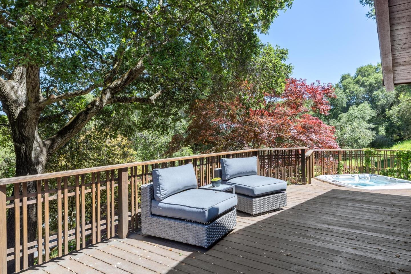 19 Preston Road Woodside, CA 94062 - Photo 22 of 30 a balcony with wooden floor and outdoor seating