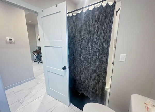 a bathroom with a shower and a toilet