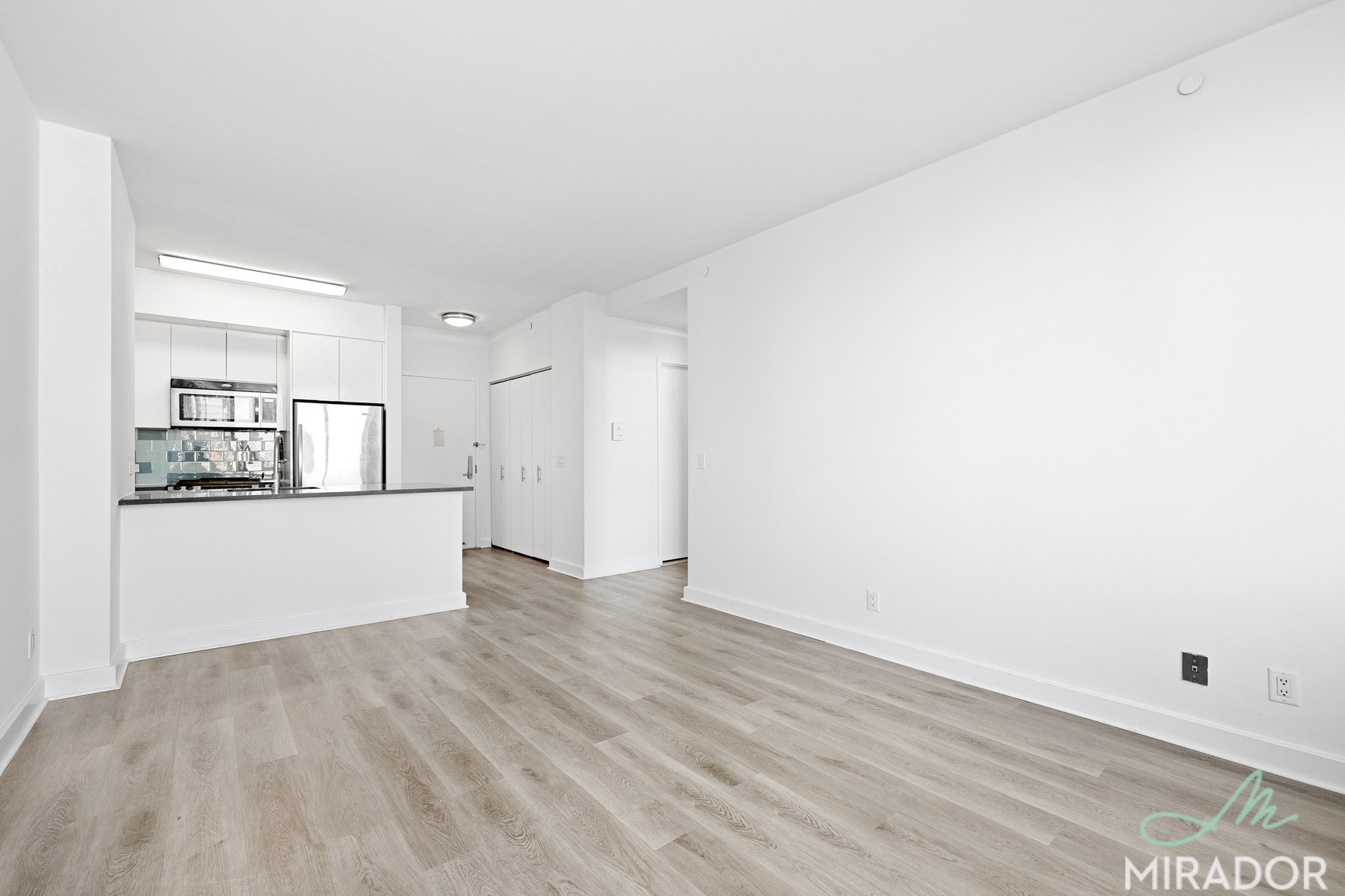 80 Dekalb Avenue, Unit 23D Brooklyn, NY 11201 - Photo 2 of 18 a view of kitchen and empty room with wooden floor