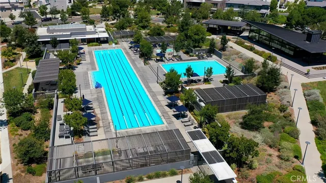 an aerial view of a building with garden
