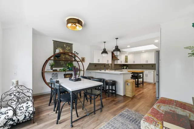 a view of a dining room with furniture