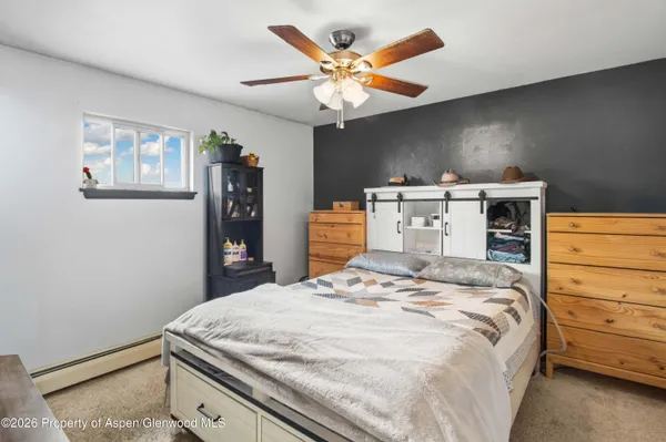 a bed room with a bed and a ceiling fan