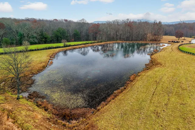 an aerial view of a house with a yard and lake view