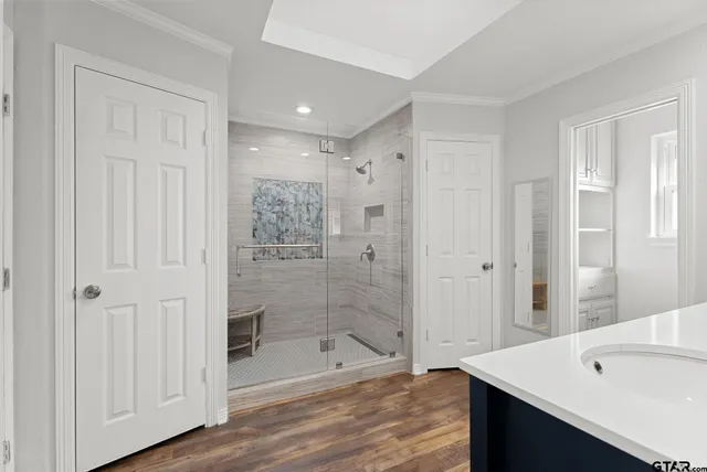 a bathroom with a shower and a sink