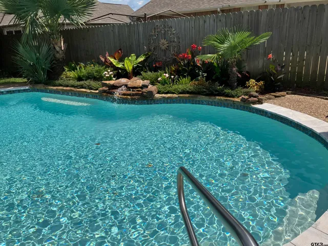 a view of a backyard with plants and a garden