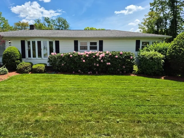a front view of house with yard and green space