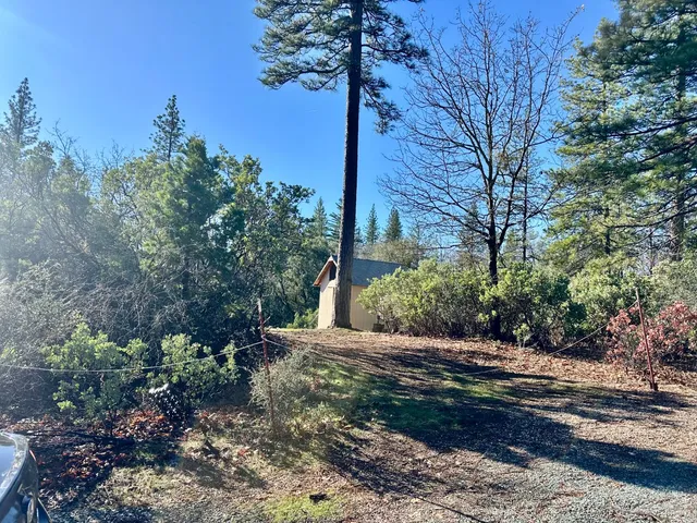an aerial view of residential house with outdoor space and trees all around