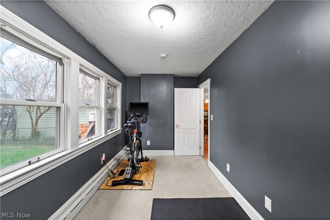 1680 Lee Road Cleveland, OH 44118 - Photo 19 of 45 Exercise area with a textured ceiling, light carpet, and plenty of natural light