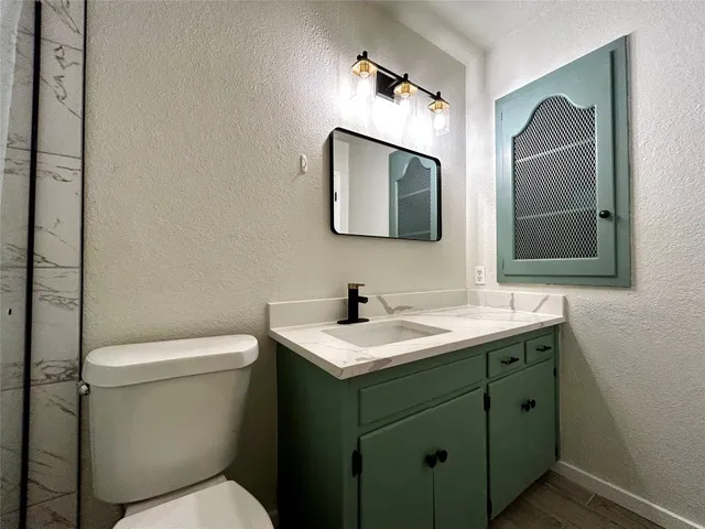 a bathroom with a sink toilet and mirror