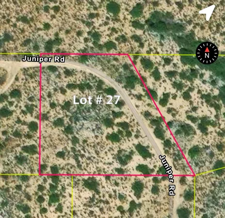 a view of a dry yard with mountains in the background