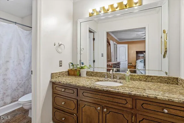 a bathroom with a granite countertop sink a toilet and a mirror