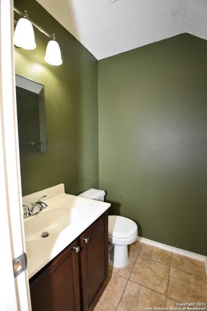 a bathroom with a sink a toilet and mirror
