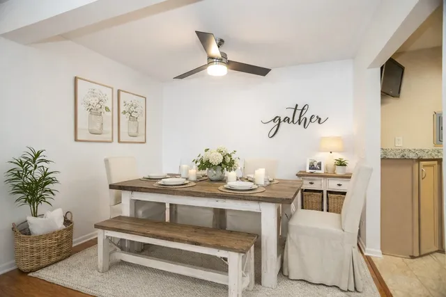 a view of a dining room with furniture