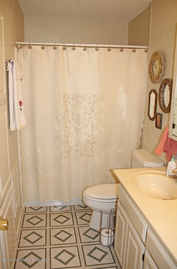 5324 Allen Street Amarillo, TX 79110 - Photo 15 of 24 a bathroom with a sink a toilet and shower curtain