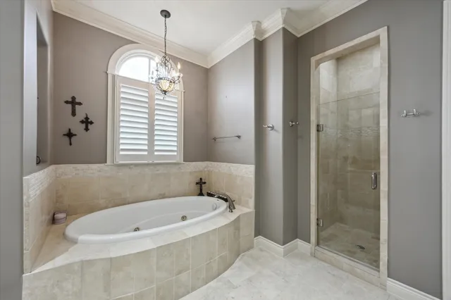 a bathroom with a bathtub and shower