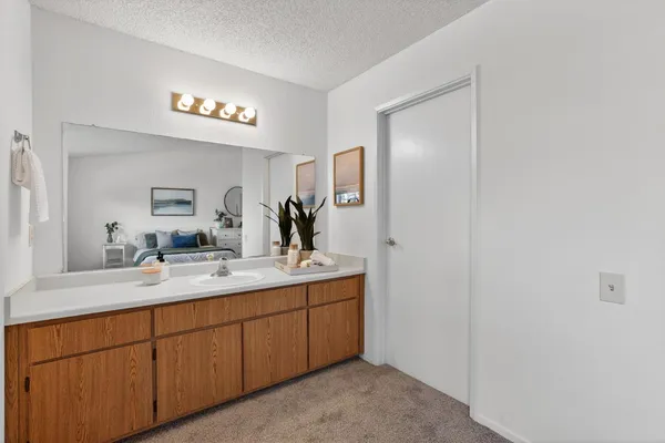 a bathroom with a sink a mirror and vanity