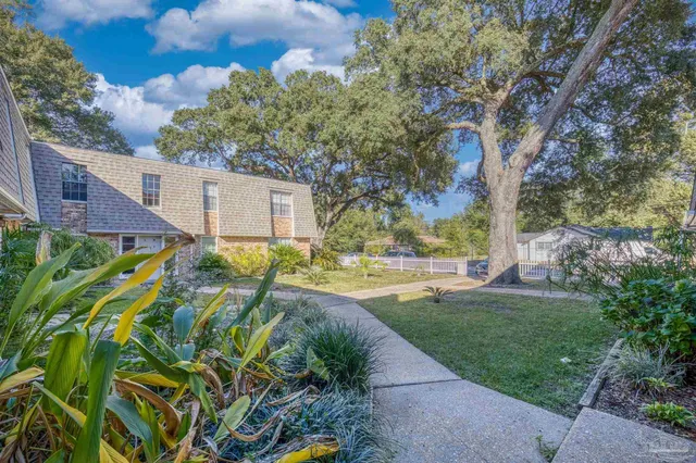 a backyard of a house with a garden and plants
