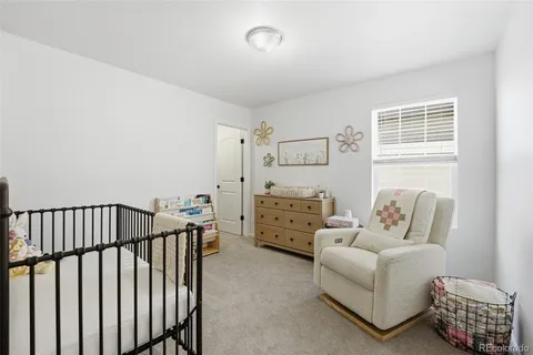 a view of a bedroom with furniture and windows