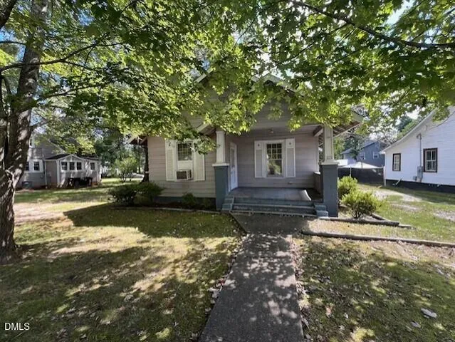 a view of a yard with plants and a large tree