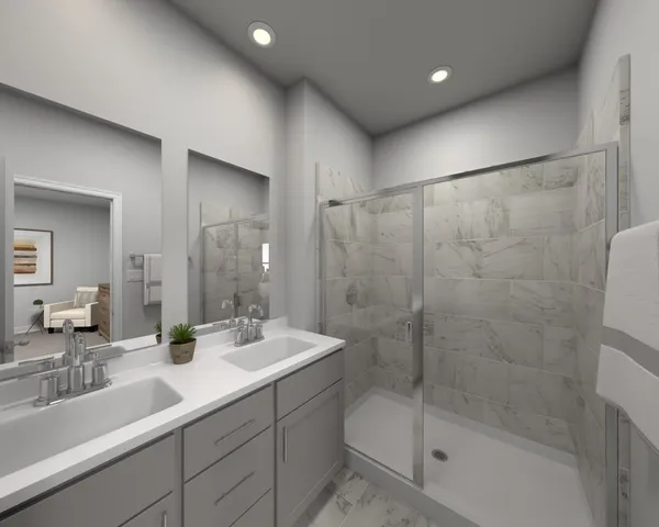 a bathroom with a shower sink and mirror