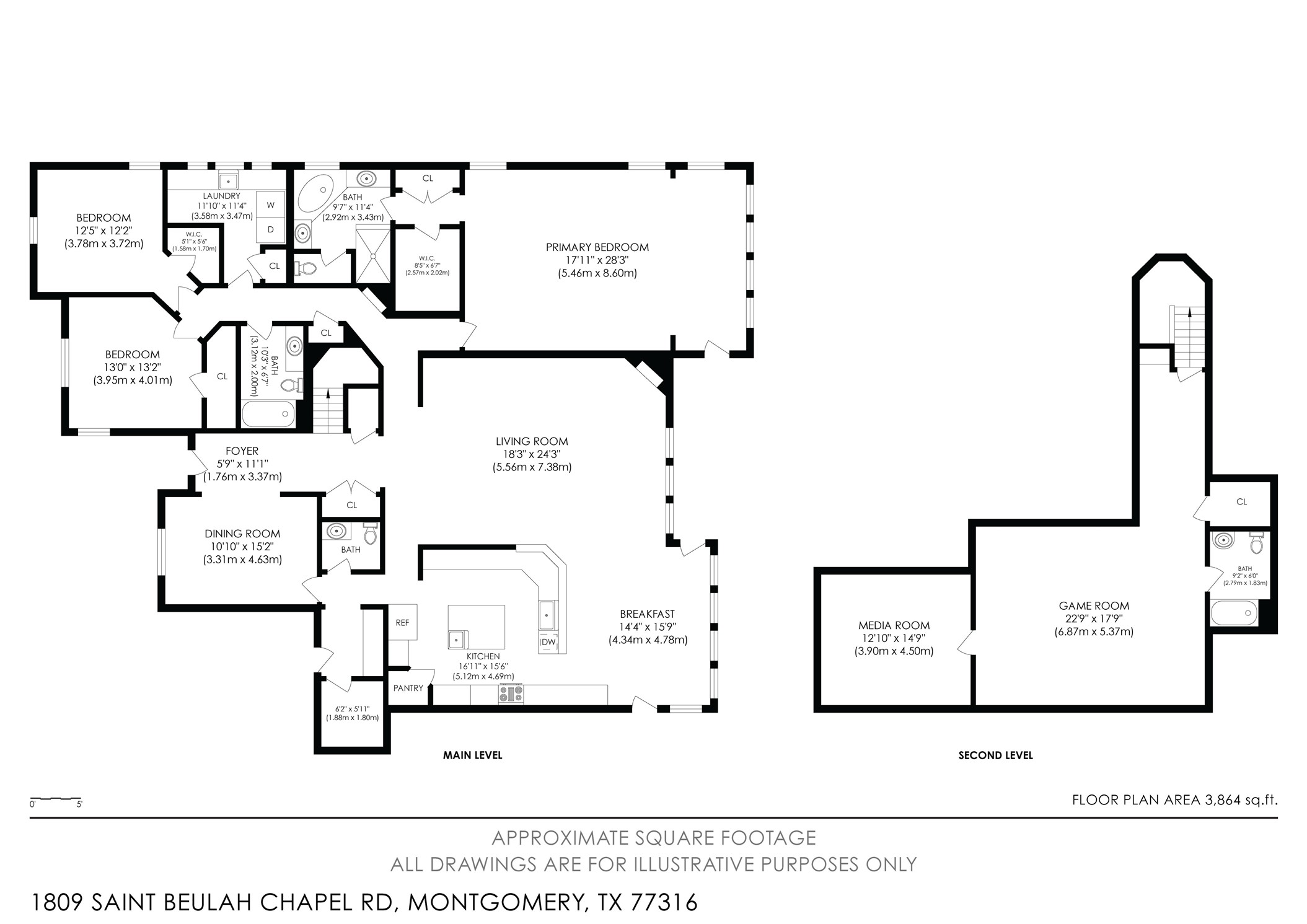 1809 St Beulah Chapel Road Montgomery, TX 77316 - Photo 50 of 50 This floor plan features a spacious layout with a primary bedroom suite, two additional bedrooms, a large living room, dining room, and kitchen with a breakfast area on the main level. The second level includes a media room and a sizable game room. Total area is 3,864 sq. ft.