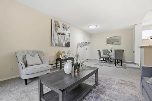 a living room with furniture a rug and a lamp