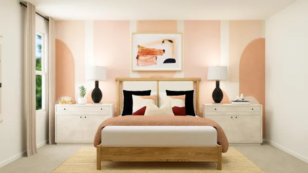 a bedroom with a bed and a mirror