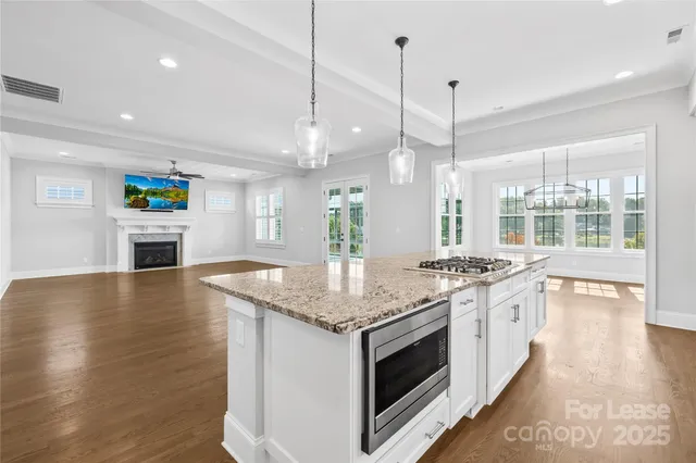 a kitchen with kitchen island a stove a counter top space and wooden floor