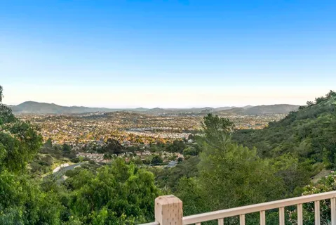 a view of a city with lush green forest