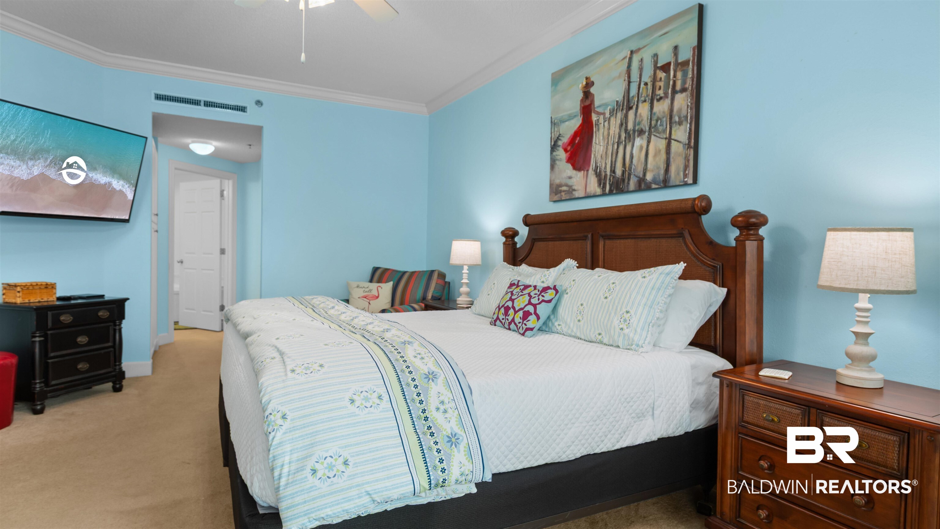 27582 Canal Road, Unit 2207 Orange Beach, AL 36561 - Photo 5 of 25 Bedroom featuring crown molding, carpet, and ceiling fan