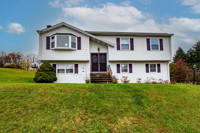 a front view of a house with a garden