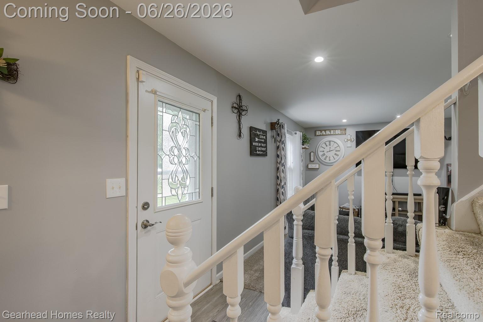 12364 Morrish Road Clio, MI 48420 - Photo 20 of 81 Entryway featuring a white door with decorative glass inserts, light grey wall paint, and recessed ceiling lighting