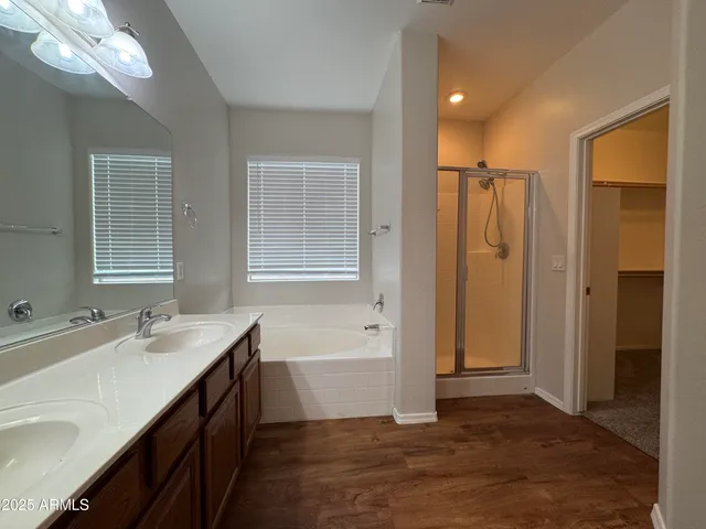 a bathroom with a tub sink shower and a mirror