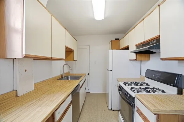 a kitchen with a sink a stove and a refrigerator