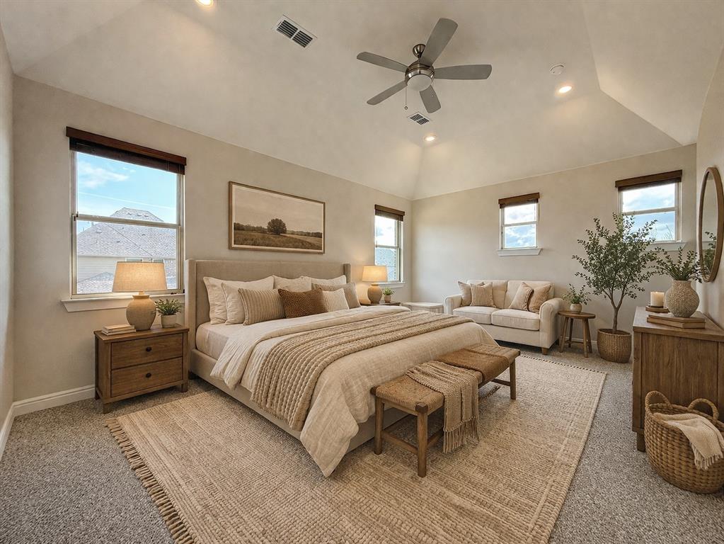 9829 Sharps Road Frisco, TX 75035 - Photo 20 of 40 Bedroom featuring recessed lighting, vaulted ceiling, light colored carpet, and a ceiling fan