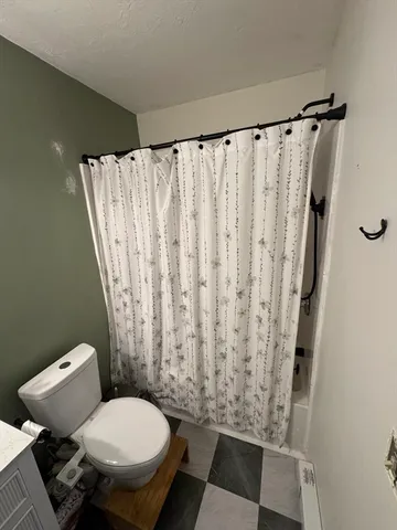 a bathroom with a toilet and a shower curtain