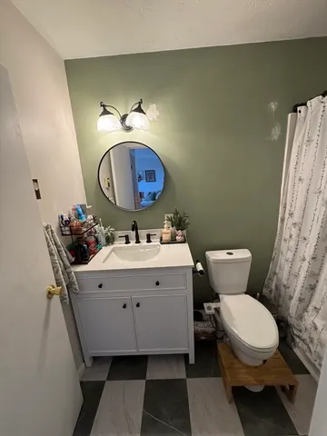 a bathroom with a sink mirror vanity and toilet