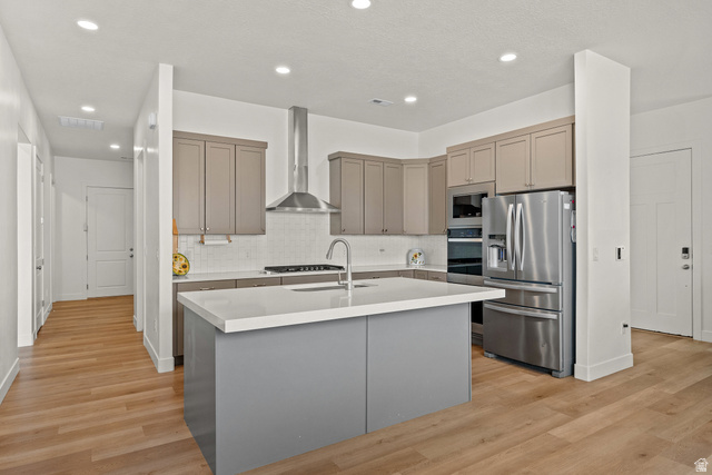 531 North Legend Way West, Unit D Mapleton, UT 84664 - Photo 10 of 42 Kitchen featuring stainless steel appliances, light wood-type flooring, a kitchen island with sink, decorative backsplash, and gray cabinetry