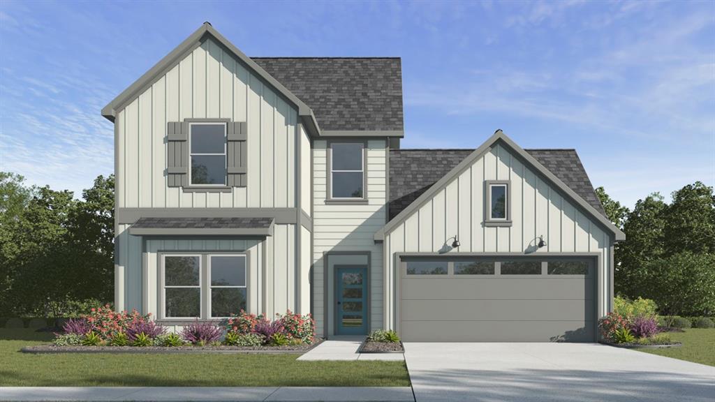 4008 Ripplewood Drive Lindale, TX 75771 - Photo 1 of 37 Two-story residence featuring vertical and horizontal siding, a dark shingle roof, a two-car garage, and a blue entry door