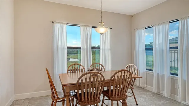 a view of a dining room with furniture window and outside view