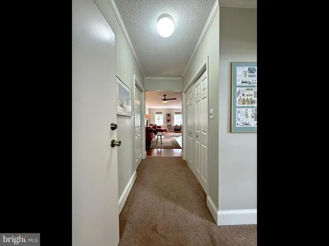 a view of a hallway with a livingroom and furniture