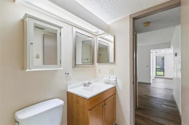 a bathroom with a sink toilet and mirror
