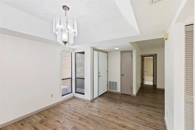 a view of a chandelier in a room
