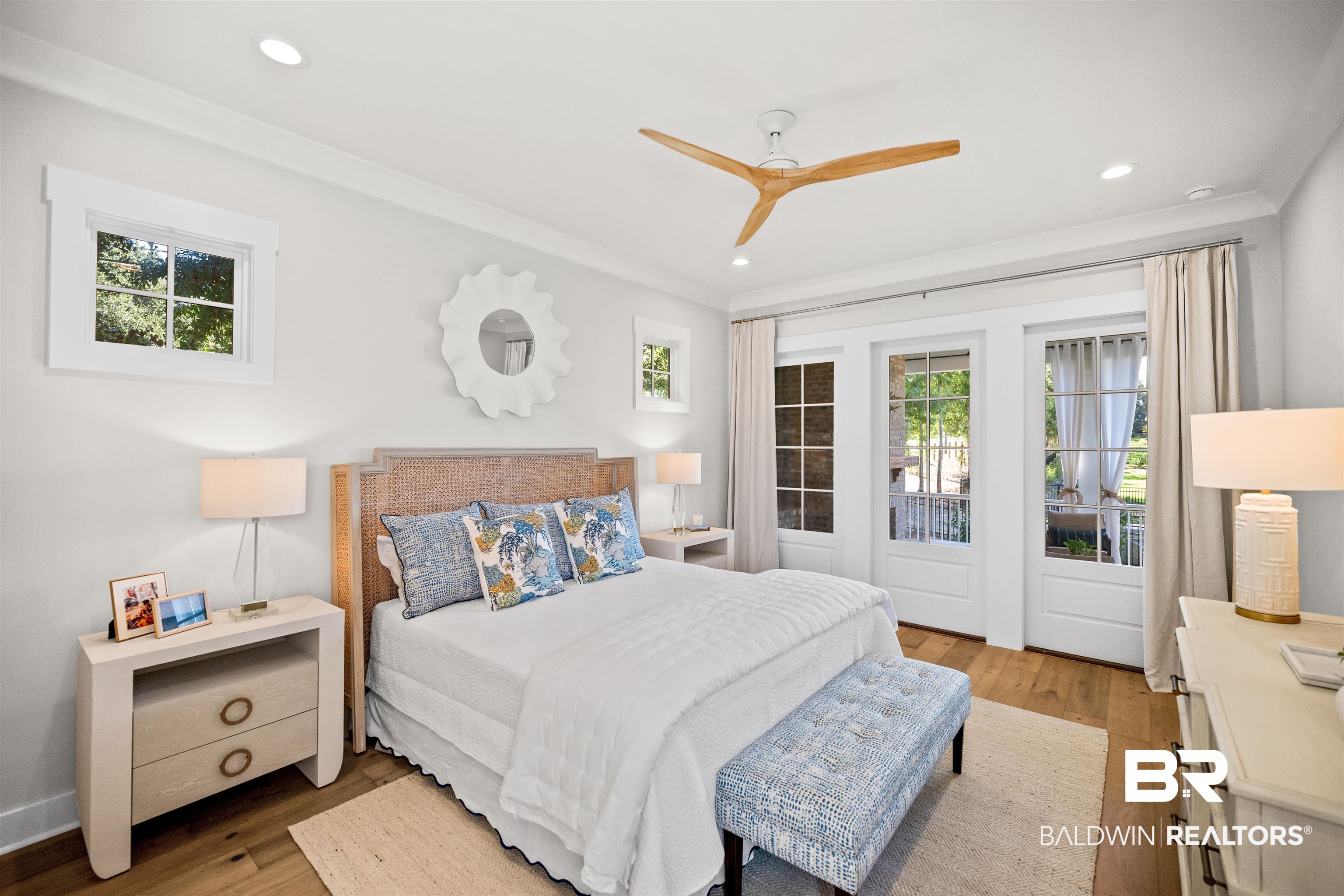 156 Hyacinth Street Fairhope, AL 36532 - Photo 30 of 61 Bedroom featuring wood finished floors, recessed lighting, ceiling fan, crown molding, and access to outside